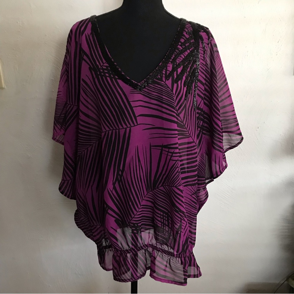 Lane Bryant Sheer purple beaded elastic waist top Size 14/16